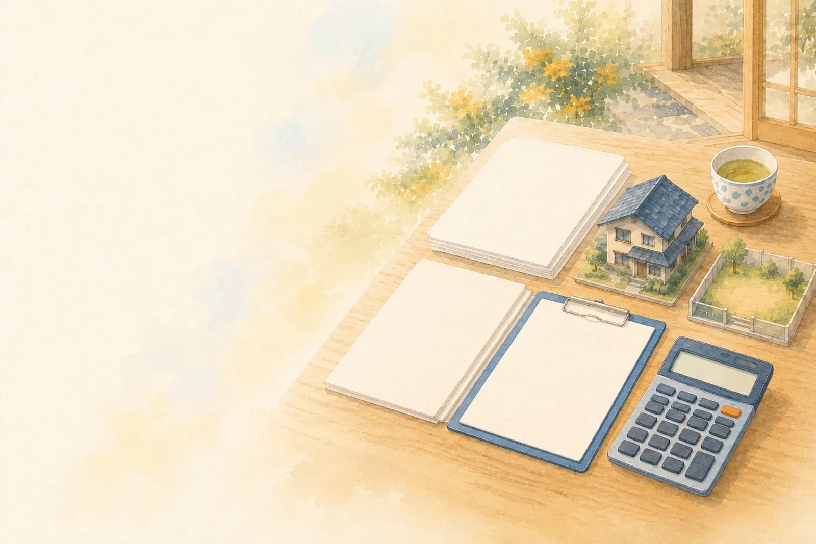 電卓と固定資産税の課税明細書、傍らに家の模型。相続登記の登録免許税を計算するイメージ
